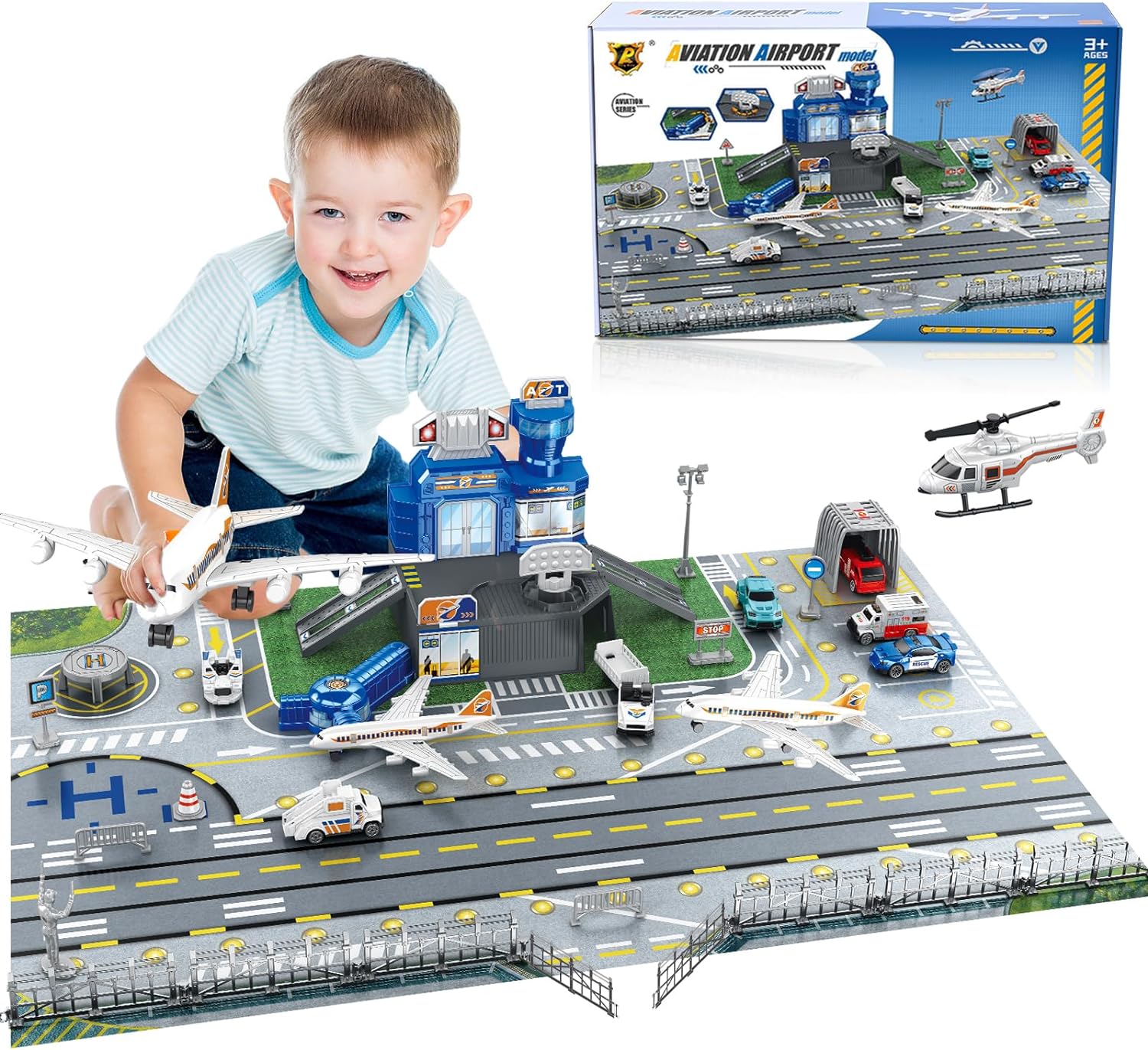 Kids Toys Helicopter - ชุดของเล่นฉากสนามบินสำหรับเด็กพร้อมรถยนต์ เฮลิคอปเตอร์ เครื่องบิน หอคอย และแผ่นรองเล่นสนามบิน โมเดลเครื่องบินขนส่ง