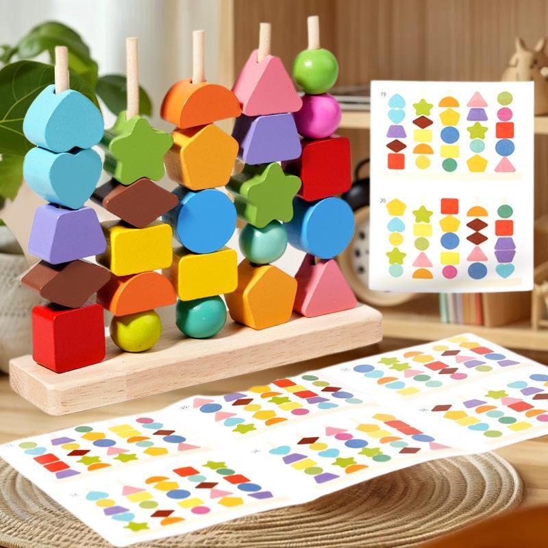 Wooden Blocks Stacking - ของเล่นมอนเตสซอรี่สำหรับการเรียนรู้ในวัยเริ่มต้น; บล็อกไม้สำหรับเรียงซ้อน, ลูกปัดร้อยเชือก และตัวต่อรูปทรง; ไอเดียของขวัญสุดเจ๋งสำหรับการฝึกการเรียงลำดับ
