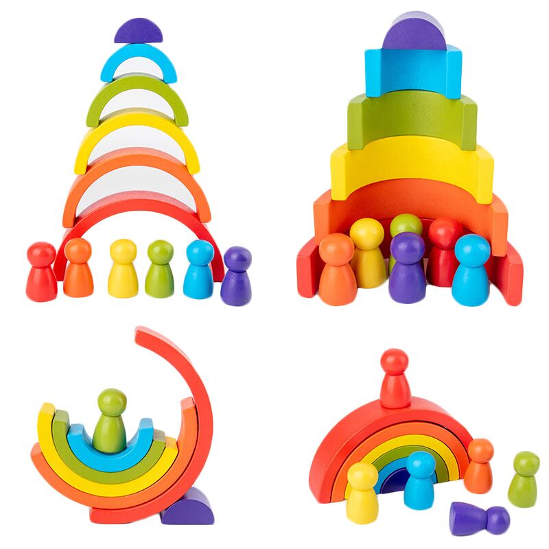 Wooden Blocks Stacking - ของเล่นไม้รูปสายรุ้ง DIY สำหรับเด็ก ของเล่นไม้สร้างสรรค์ บล็อกไม้ซ้อนกันเพื่อฝึกสมดุล ของเล่นเสริมพัฒนาการแบบมอนเตสซอรี่สำหรับเด็ก