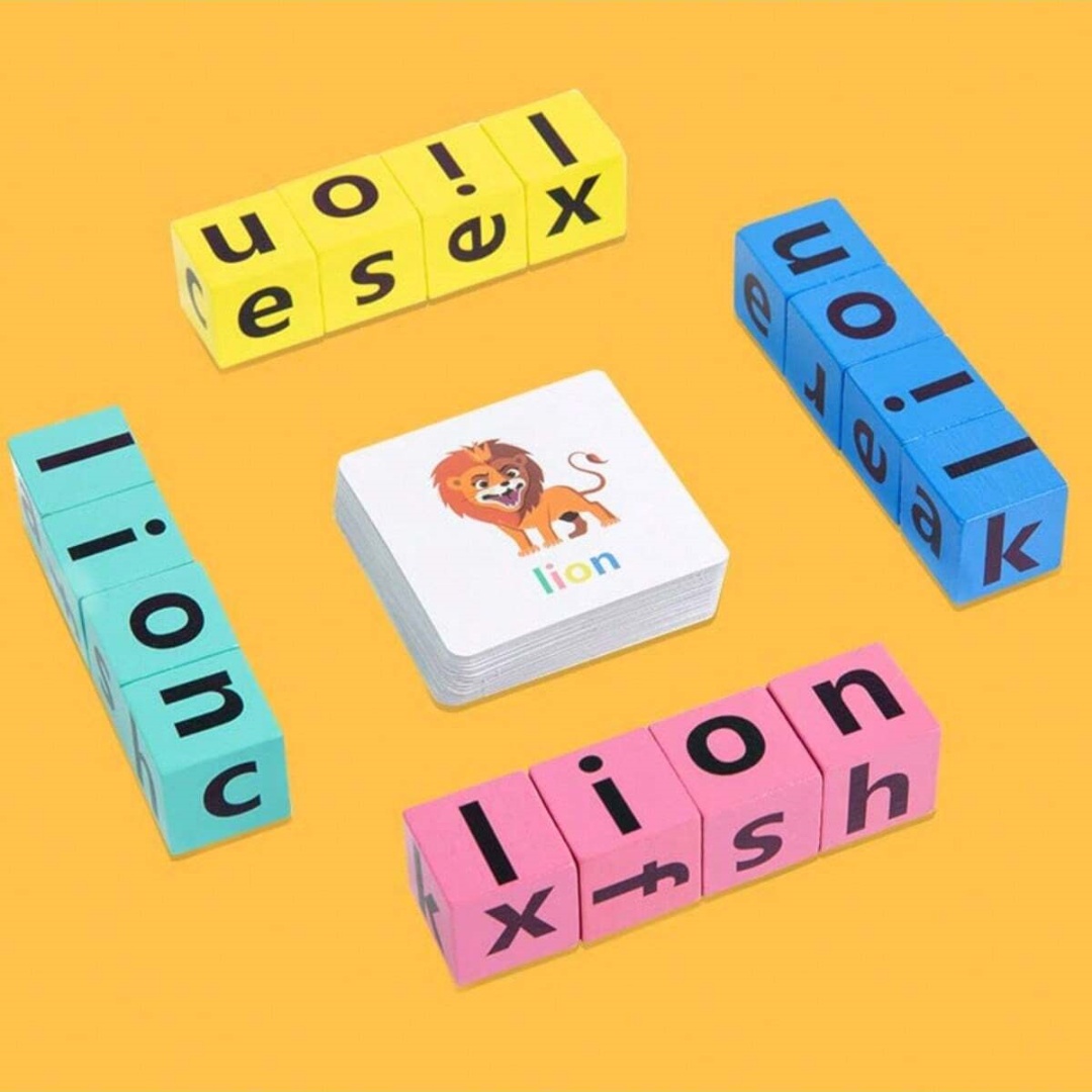 Wooden Blocks Stacking - เกมกระดานสะกดคำตัวอักษรสำหรับเด็ก, บล็อกตัวอักษร 16 ตัว + การ์ดคำศัพท์