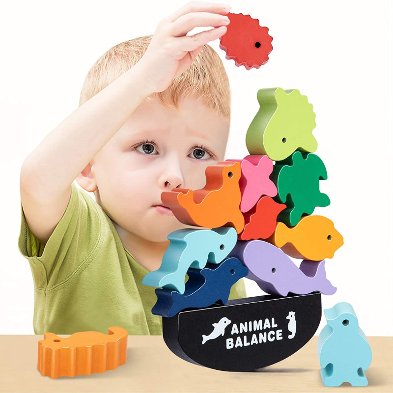 Wooden Blocks Stacking - เด็กใหม่ Montessori สัตว์ไม้ BALANCE Blocks เกมกระดานของเล่นไดโนเสาร์การศึกษาซ้อนอาคารสูงบล็อกไม้ของเล่น