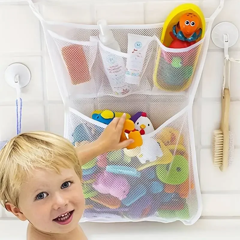 Kids Toys Basket - ถุงตาข่ายเก็บของเล่นเด็กในห้องน้ำ แบบแขวน ติดผนัง สำหรับเก็บของเล่นอาบน้ำเด็ก สีขาว