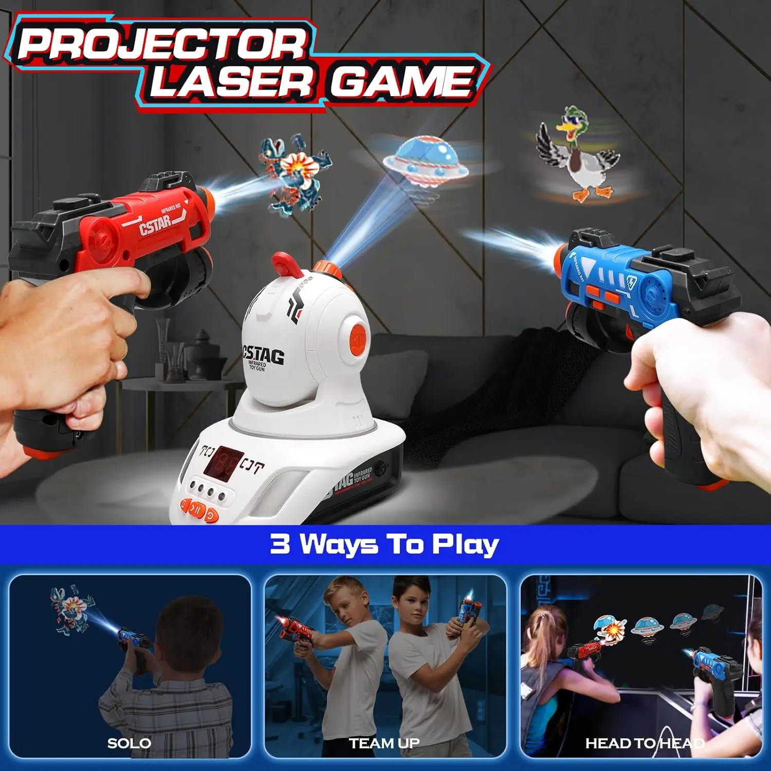 Laser Tag Set Kids - ชุดปืนเลเซอร์แท็กพร้อมโปรเจคเตอร์เป้าหมาย ปืนของเล่นต่อสู้แบบอินฟราเรด เกมต่อสู้ในร่มสำหรับ 2 ผู้เล่น สำหรับเด็กและครอบครัว