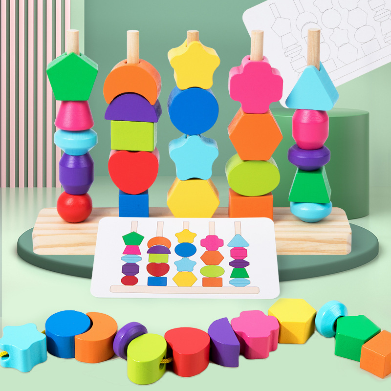 Wooden Blocks Stacking - Montessori ลูกปัดไม้ Sequencing ชุดของเล่น,ห้าคอลัมน์ซ้อนบล็อกที่มีสีสัน,ลูกปัด,การจับคู่รูปร่าง Stacker